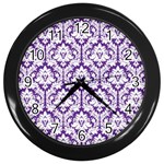 White on Purple Damask Wall Clock (Black)