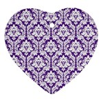 White on Purple Damask Heart Ornament (Two Sides)