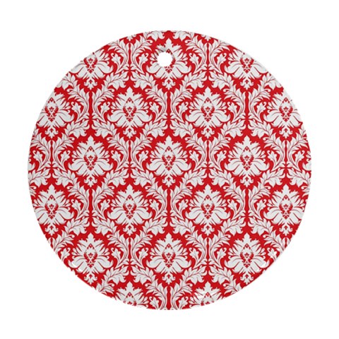 White On Red Damask Round Ornament (Two Sides) from ZippyPress Front