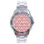 White On Red Damask Stainless Steel Watch