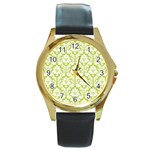 White On Spring Green Damask Round Leather Watch (Gold Rim) 