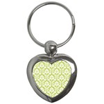 White On Spring Green Damask Key Chain (Heart)