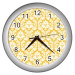 White On Sunny Yellow Damask Wall Clock (Silver)