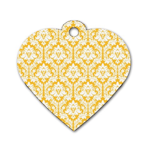 White On Sunny Yellow Damask Dog Tag Heart (Two Sided) from ZippyPress Front