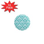 White On Turquoise Damask 1  Mini Button Magnet (10 pack)