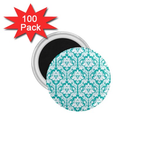 White On Turquoise Damask 1.75  Button Magnet (100 pack) from ZippyPress Front