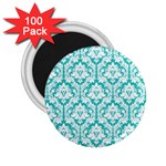 White On Turquoise Damask 2.25  Button Magnet (100 pack)