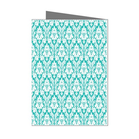 White On Turquoise Damask Mini Greeting Card (8 Pack) from ZippyPress Left