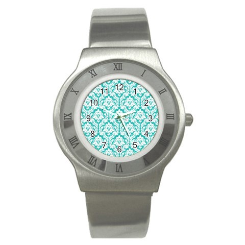 White On Turquoise Damask Stainless Steel Watch (Slim) from ZippyPress Front