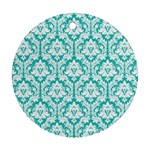 White On Turquoise Damask Round Ornament (Two Sides)