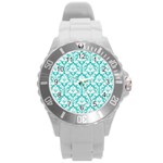 White On Turquoise Damask Plastic Sport Watch (Large)
