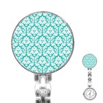 White On Turquoise Damask Stainless Steel Nurses Watch