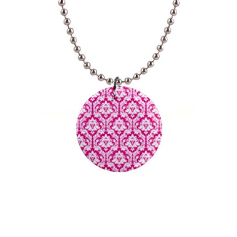 White On Hot Pink Damask Button Necklace from ZippyPress Front