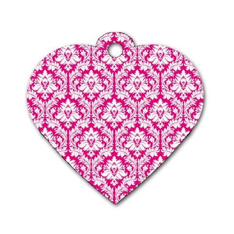 White On Hot Pink Damask Dog Tag Heart (One Sided)  from ZippyPress Front