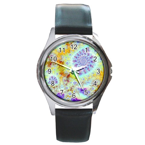Golden Violet Sea Shells, Abstract Ocean Round Leather Watch (Silver Rim) from ZippyPress Front