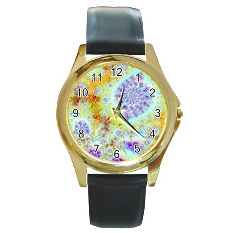 Golden Violet Sea Shells, Abstract Ocean Round Leather Watch (Gold Rim)  from ZippyPress Front