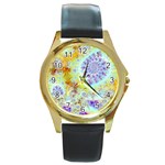 Golden Violet Sea Shells, Abstract Ocean Round Leather Watch (Gold Rim) 