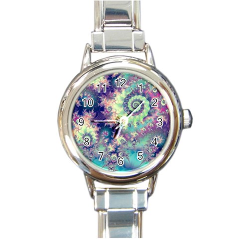 Violet Teal Sea Shells, Abstract Underwater Forest Round Italian Charm Watch from ZippyPress Front