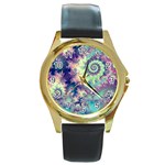 Violet Teal Sea Shells, Abstract Underwater Forest Round Gold Metal Watch