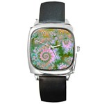 Rose Forest Green, Abstract Swirl Dance Square Leather Watch