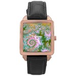 Rose Forest Green, Abstract Swirl Dance Rose Gold Leather Watch 