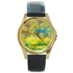 Golden Days, Abstract Yellow Azure Tranquility Round Leather Watch (Gold Rim) 