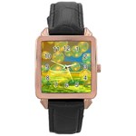 Golden Days, Abstract Yellow Azure Tranquility Rose Gold Leather Watch 