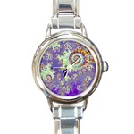Sea Shell Spiral, Abstract Violet Cyan Stars Round Italian Charm Watch