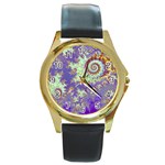 Sea Shell Spiral, Abstract Violet Cyan Stars Round Leather Watch (Gold Rim) 