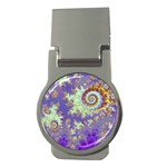 Sea Shell Spiral, Abstract Violet Cyan Stars Money Clip (Round)
