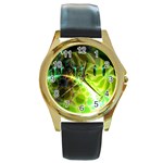 Dawn Of Time, Abstract Lime & Gold Emerge Round Leather Watch (Gold Rim) 