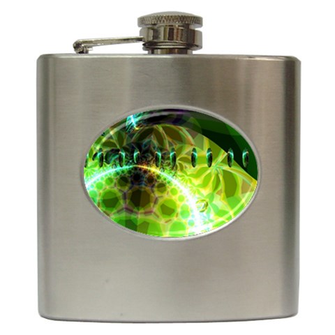Dawn Of Time, Abstract Lime & Gold Emerge Hip Flask from ZippyPress Front