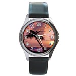 Sunset At The Beach Round Leather Watch (Silver Rim)