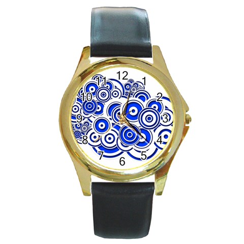 Trippy Blue Swirls Round Leather Watch (Gold Rim)  from ZippyPress Front