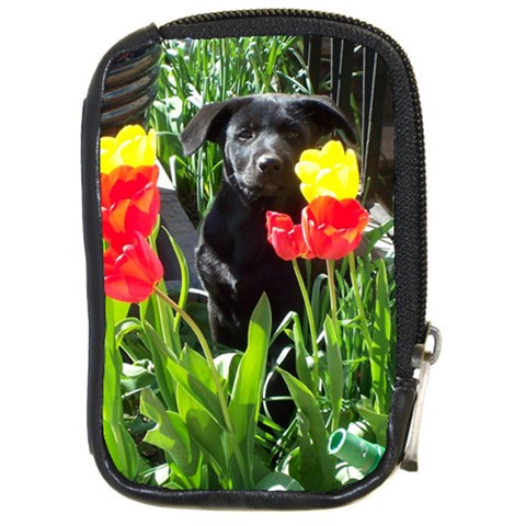 Black GSD Pup Compact Camera Leather Case from ZippyPress Front