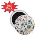 Whimsical Flowers Blue 1.75  Button Magnet (100 pack)