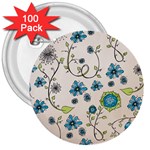 Whimsical Flowers Blue 3  Button (100 pack)