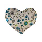 Whimsical Flowers Blue 16  Premium Heart Shape Cushion 