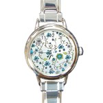 Blue Whimsical Flowers  on blue Round Italian Charm Watch