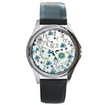 Blue Whimsical Flowers  on blue Round Leather Watch (Silver Rim)