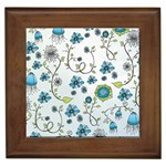 Blue Whimsical Flowers  on blue Framed Ceramic Tile