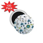 Blue Whimsical Flowers  on blue 1.75  Button Magnet (100 pack)