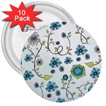 Blue Whimsical Flowers  on blue 3  Button (10 pack)