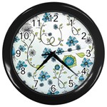 Blue Whimsical Flowers  on blue Wall Clock (Black)