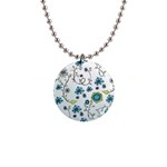 Blue Whimsical Flowers  on blue Button Necklace