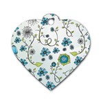 Blue Whimsical Flowers  on blue Dog Tag Heart (Two Sided)