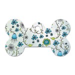 Blue Whimsical Flowers  on blue Dog Tag Bone (Two Sided)