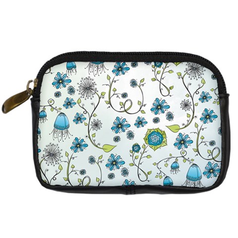 Blue Whimsical Flowers  on blue Digital Camera Leather Case from ZippyPress Front