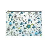 Blue Whimsical Flowers  on blue Cosmetic Bag (Large)