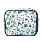 Blue Whimsical Flowers  on blue Mini Travel Toiletry Bag (One Side)